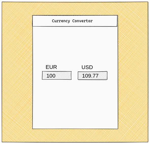 First rough draft of the app we'll build. There are two fields to select the currencies and two inputs to enter the corresponding values. They are aligned centrally on the screen.